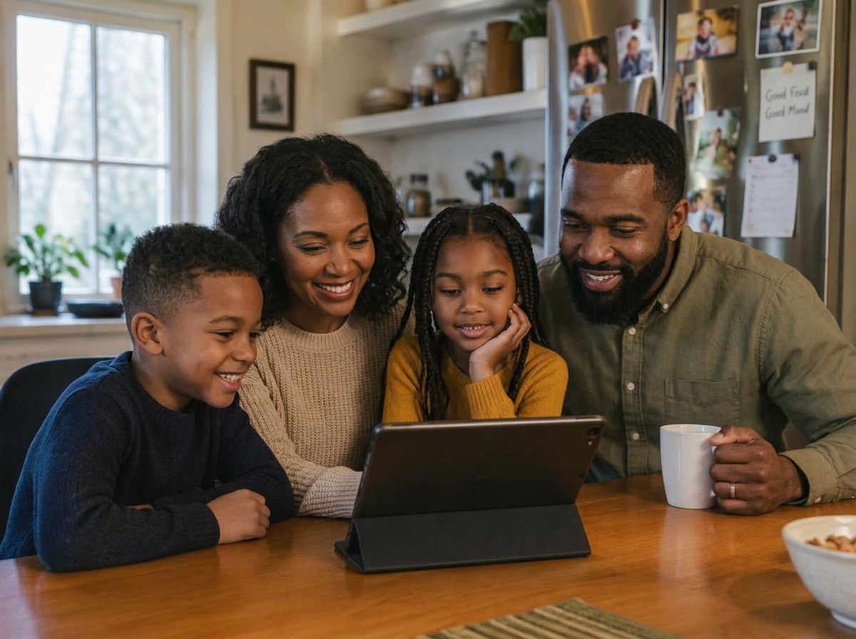 An African American family looking at memories together on a tablet