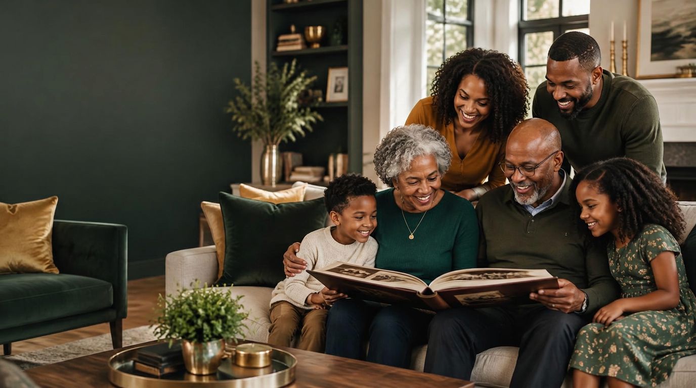 An African American family sharing stories over a photo album