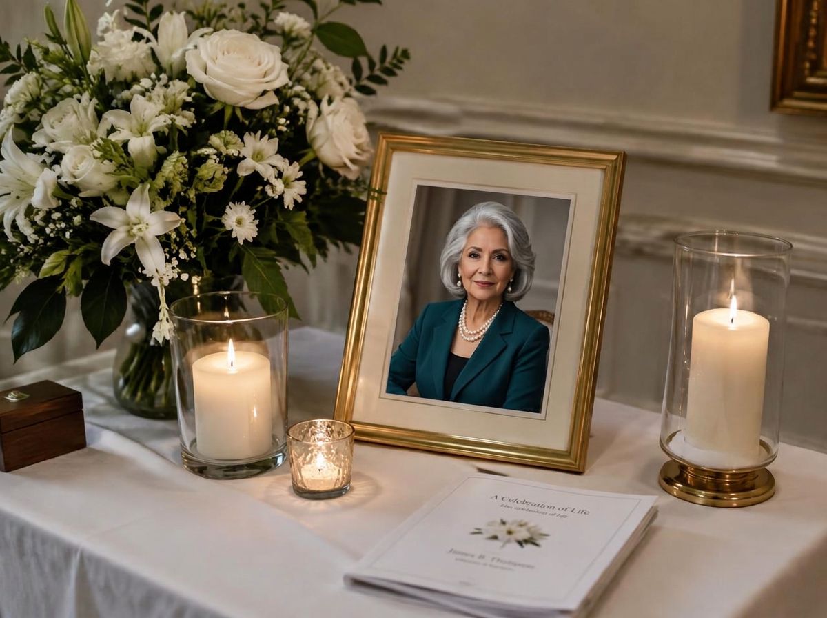 A memorial table with a framed portrait of a distinguished woman, flowers, candles and a printed program