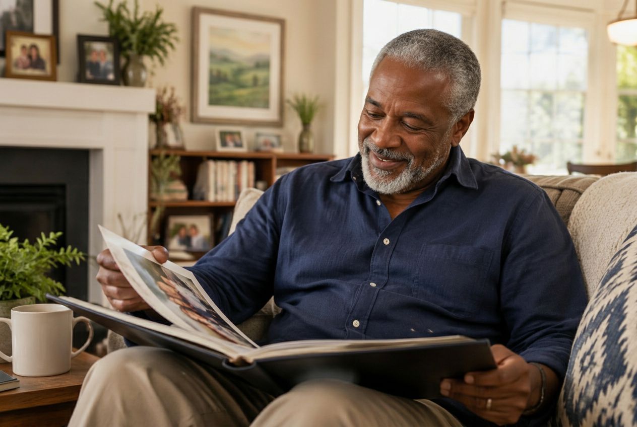 A smiling grandfather looking through a family photo album at home